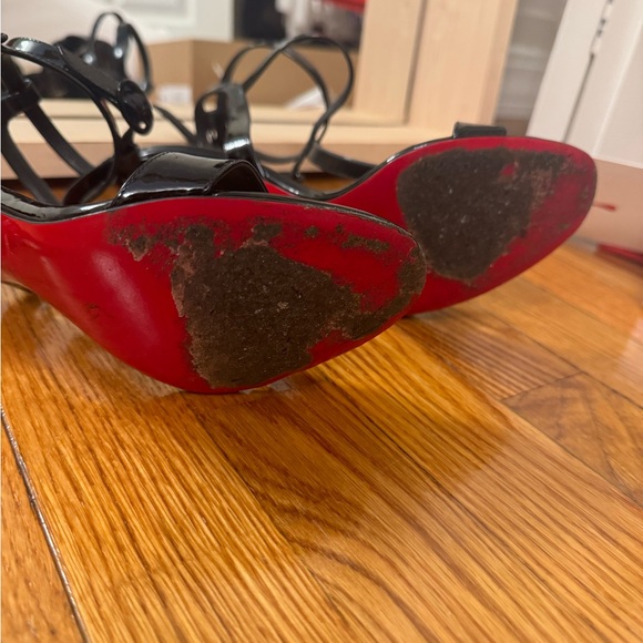 Christian Louboutin Mara 100 Black Patent Sandal Ankle Strap Open Heel Pump - Picture 10 of 13